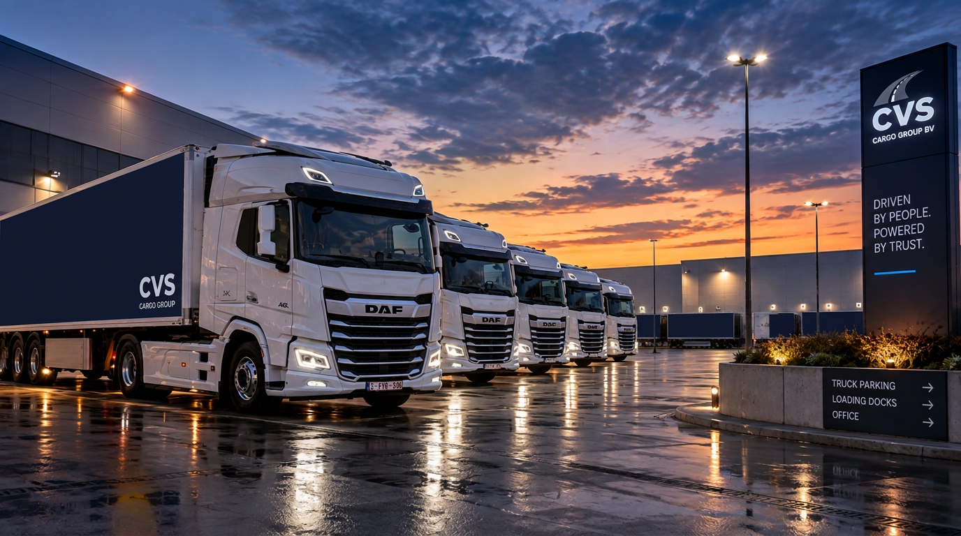 Line-up of DAF XG trucks in the CVS Cargo Group fleet at sunset