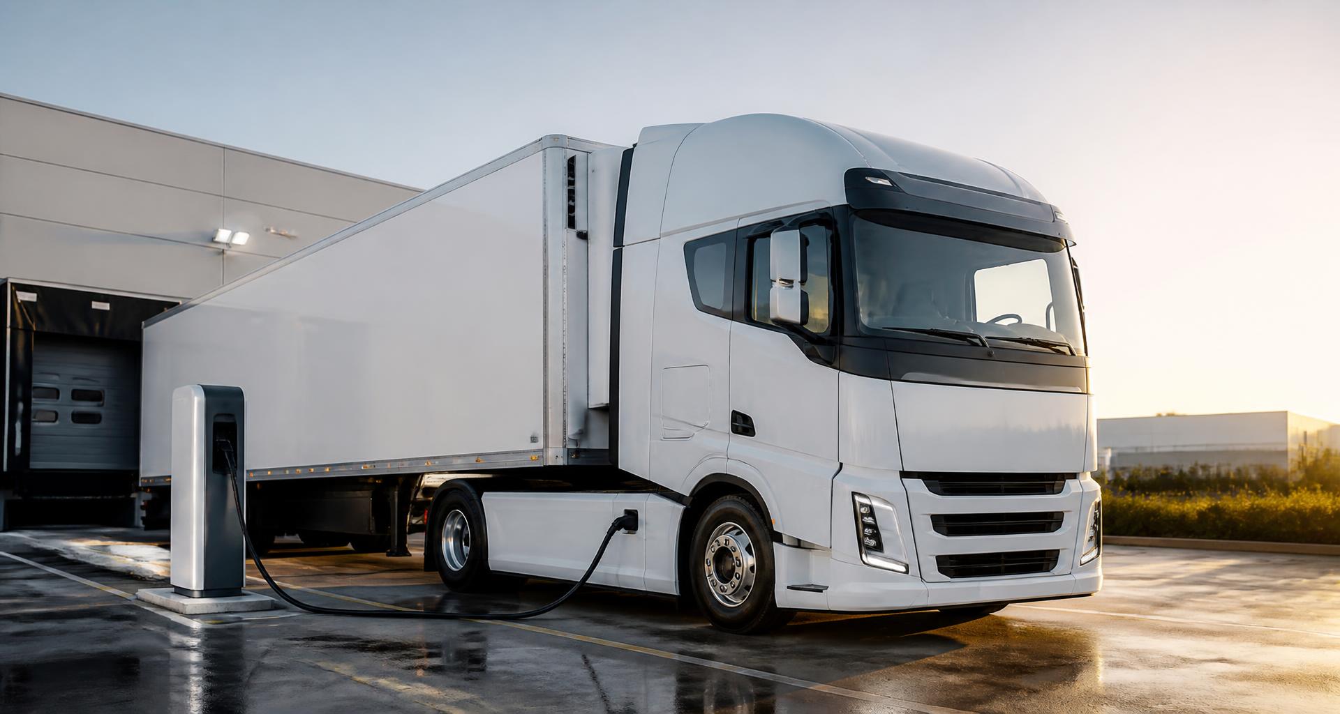Fully electric truck with electric refrigerated trailer at a charging station