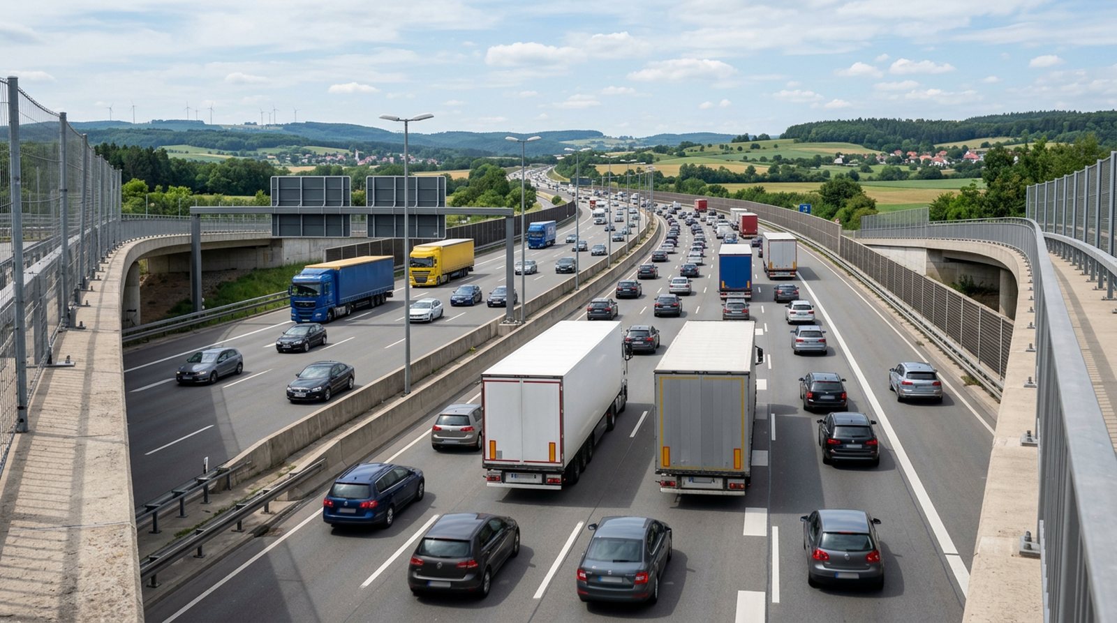 Busy European motorway with trucks and cars in motion